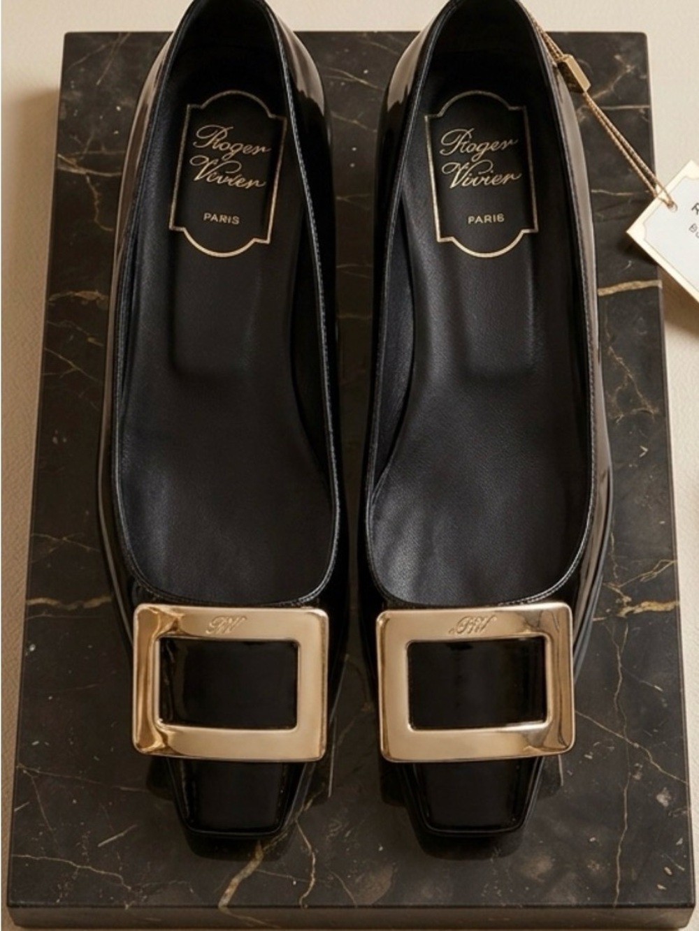 Roger Vivier Navy Patent Leather Low Kitten Heel with Gold Square Buckle - Picture 10 of 10